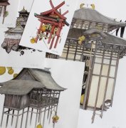 中国式凉亭鼓楼建筑插画